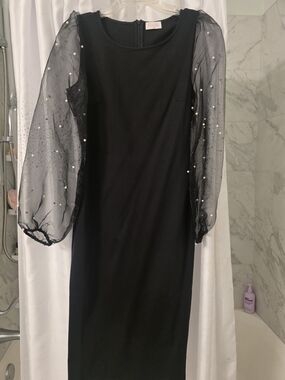 Pink Lily Black Sheer Pearl-Embellished Long-Sleeve Dress